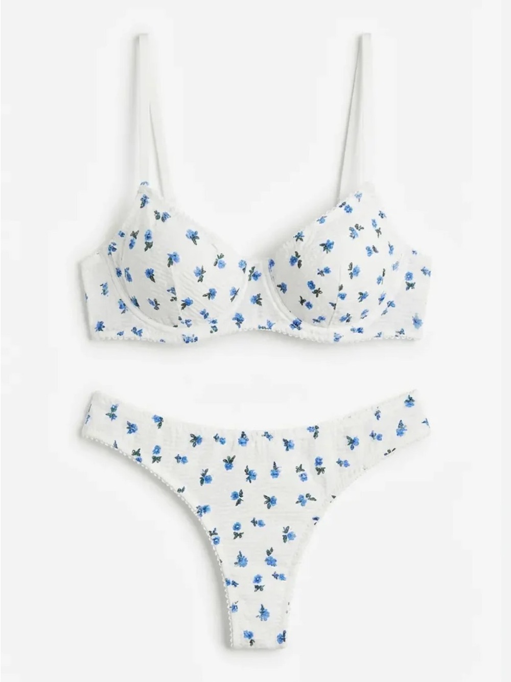 White Floral Underwire Bra & Thong Set - Blue Floral